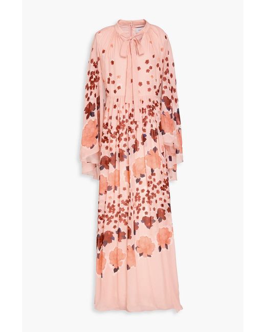 Erdem Red Cape-Effect Floral-Print Silk-Voile Gown
