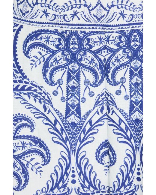 Farm Rio Blue Pleated Printed Linen-blend Straight-leg Pants
