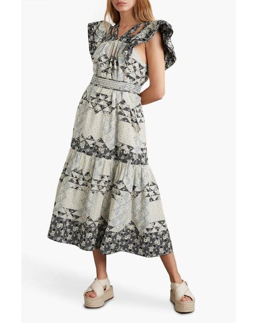 Sea Gray Clemence Belted Cutout Patchwork Cotton-voile Midi Dress