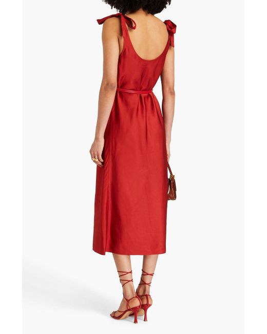Zimmermann Red Faux Leather-trimmed Belted Satin Midi Dress
