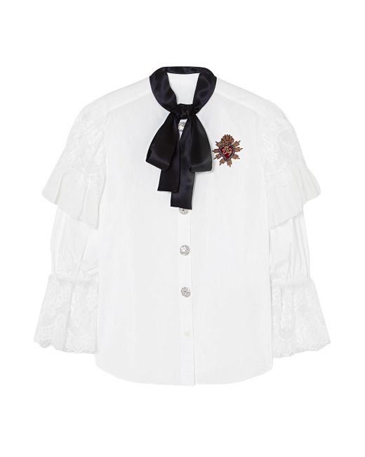 Dolce & Gabbana White Appliquéd Lace-trimmed Cotton-blend Poplin Blouse