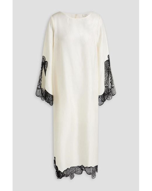 Loulou de Saison White Soto Macramé-trimmed Silk-twill Midi Dress