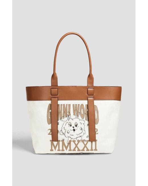 Ganni White Leather-trimmed Printed Canvas Tote