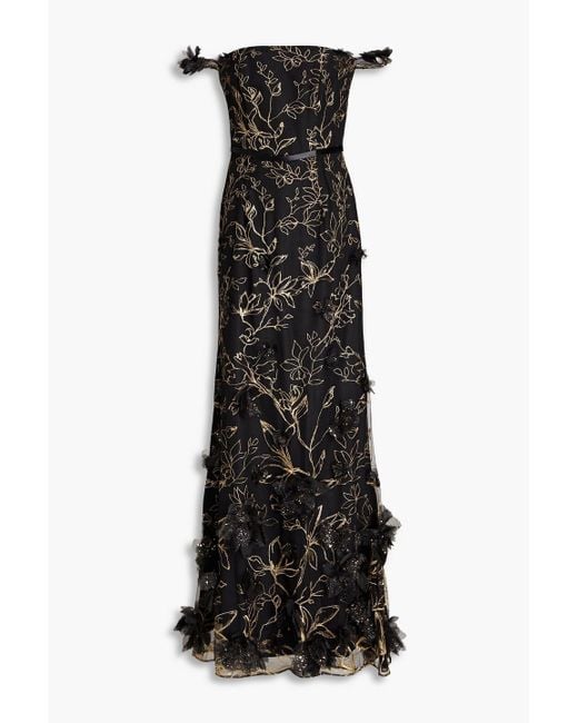 Marchesa Black Floral-appliquéd Embroidered Tulle Gown