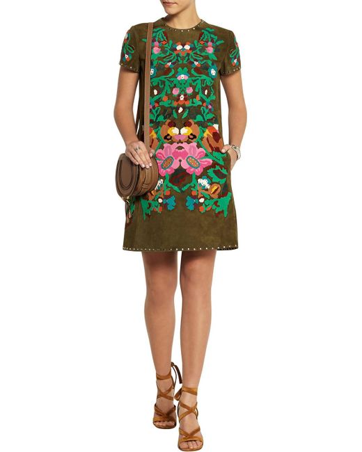 Valentino Garavani Green Floral-appliquéd Suede Mini Dress