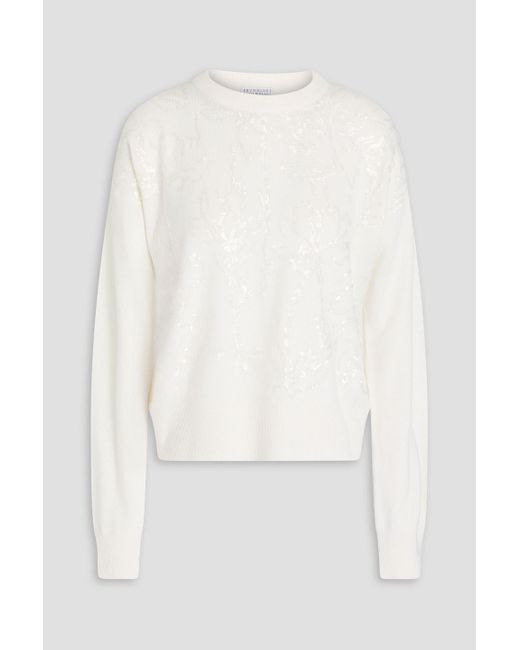 Brunello Cucinelli White Sequin-embellished Wool, Cashmere And Silk-blend Sweater
