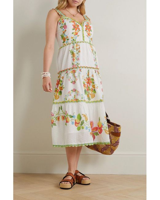 Farm Rio White Tropical Romance Scalloped Tiered Printed Cotton Midi Dress