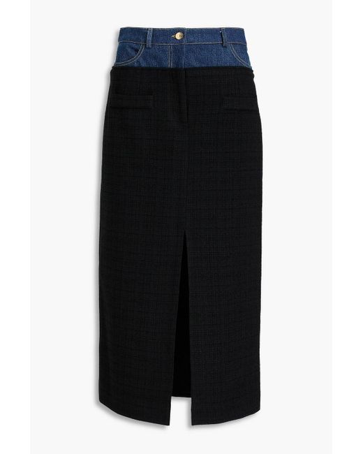 Sandro Black Denim-paneled Tweed Midi Skirt