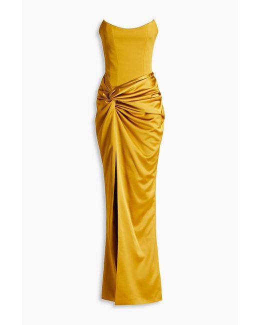 Rasario Yellow Strapless Draped Duchesse-satin Gown