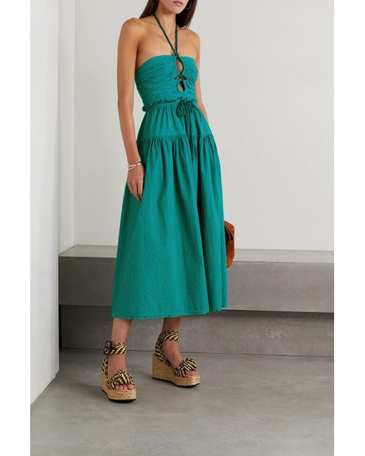 Ulla Johnson Green Emmaline neckholder-midikleid aus baumwoll-voile mit raffungen, rüschen und biesen