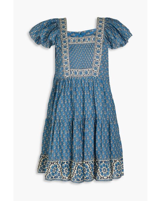 Sea Blue Fernanda Pintucked Floral-print Cotton Mini Dress
