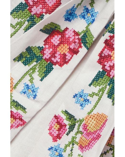 Farm Rio White Belted Shirred Floral-print Linen-blend Playsuit