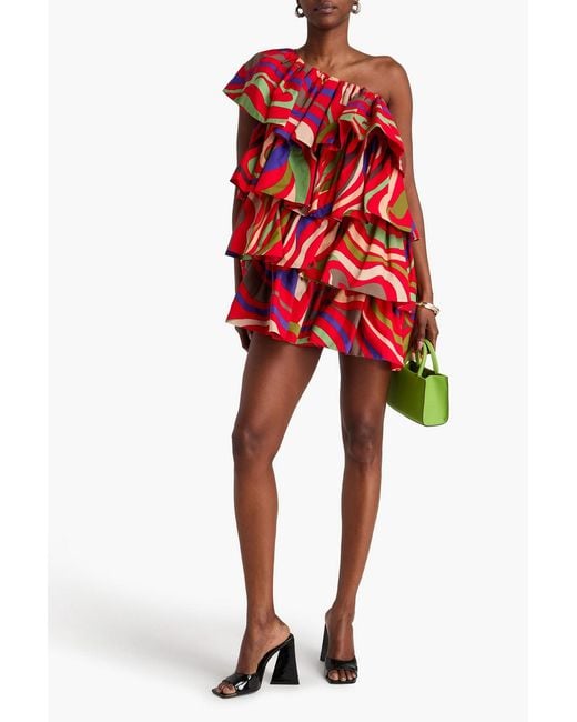 Emilio Pucci One-Shoulder Tiered Printed Cotton-Poplin Mini Dress
