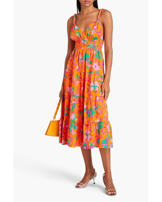 10 Crosby Derek Lam Orange Cecelia Tiered Printed Linen-blend Midi Dress