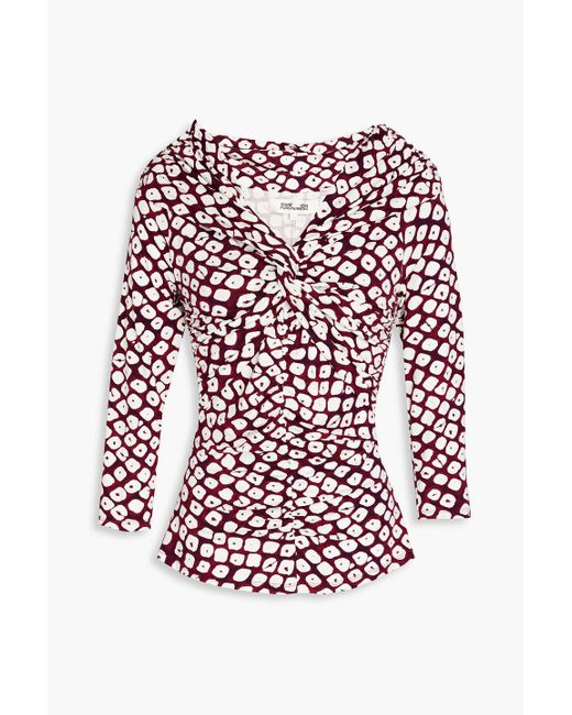 Diane von Furstenberg Red Greg Off-the-shoulder Twist-front Printed Jersey Top
