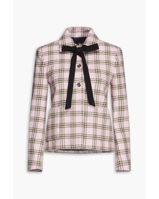 Maje Pink Pussy-bow Checked Wool-twill Jacket