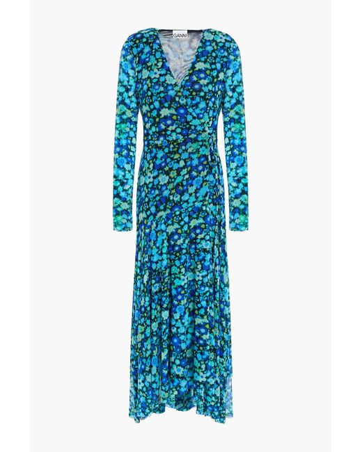 Ganni Blue Floral-print Stretch-mesh Maxi Wrap Dress