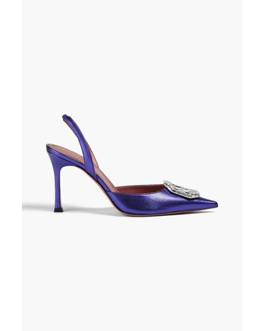 AMINA MUADDI Blue Camelia Embellished Metallic Leather Slingback Pumps