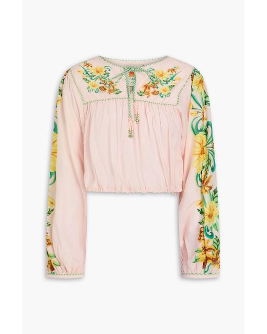 Farm Rio Pink Cropped Floral-Print Cotton-Gauze Blouse