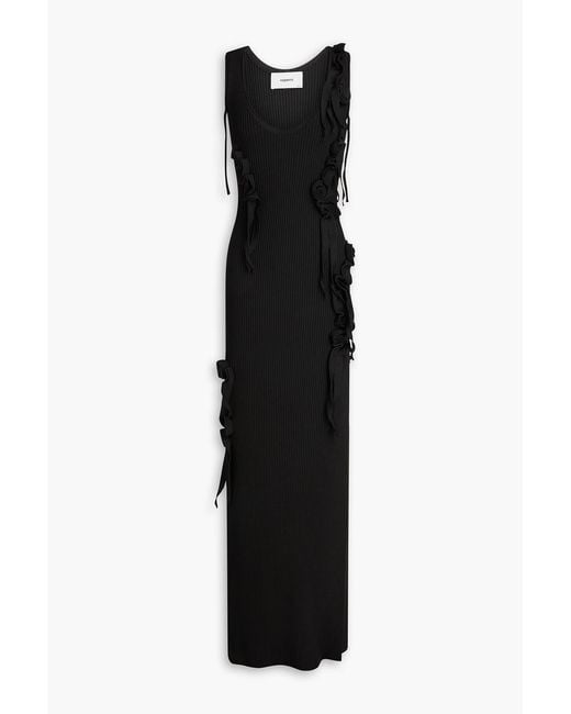 Coperni Black Floral-Appliquéd Ribbed-Knit Maxi Dress