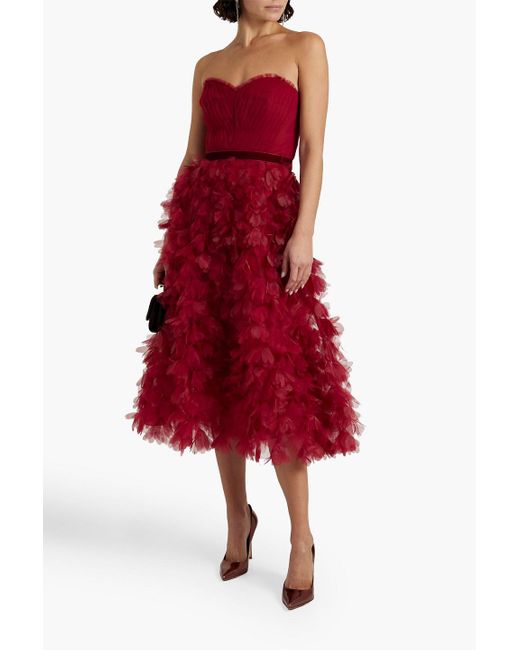 Marchesa Red Strapless Floral-appliquéd Tulle Midi Dress