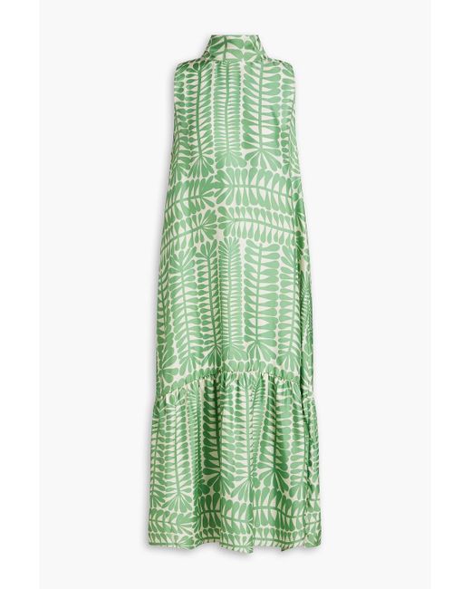 Asceno Green Oslo Bow-embellished Gathered Printed Silk-twill Maxi Dress