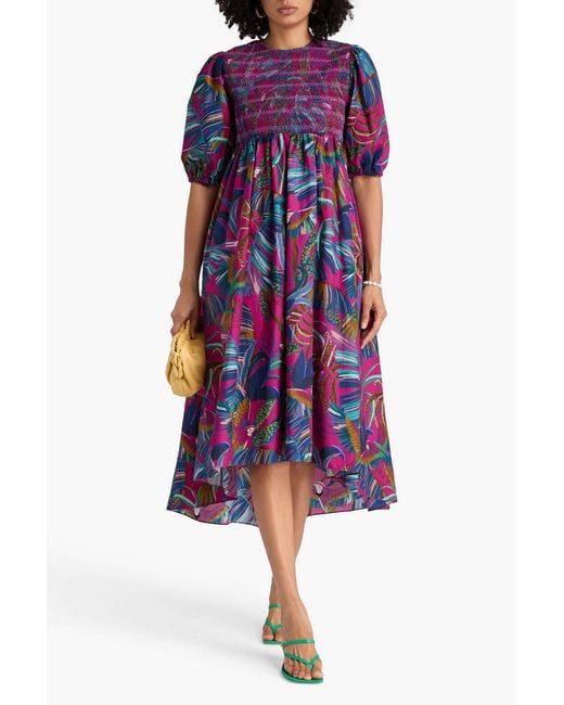 Farm Rio Purple Smocked Printed Cotton-Poplin Midi Dress