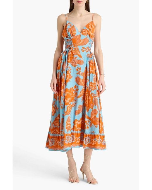 Farm Rio Orange Embellished Printed Linen-Blend Midi Dress