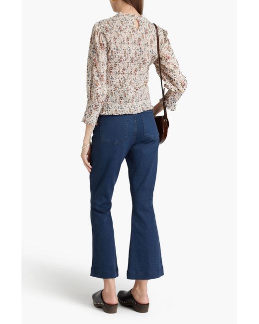 Veronica Beard Natural Kali Ruffled Floral-print Cotton Top