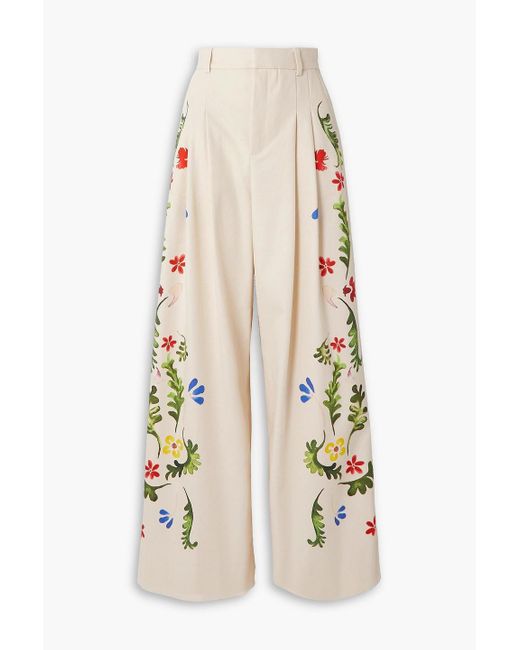 Rosie Assoulin White Pleated Floral-print Cotton-canvas Wide-leg Pants