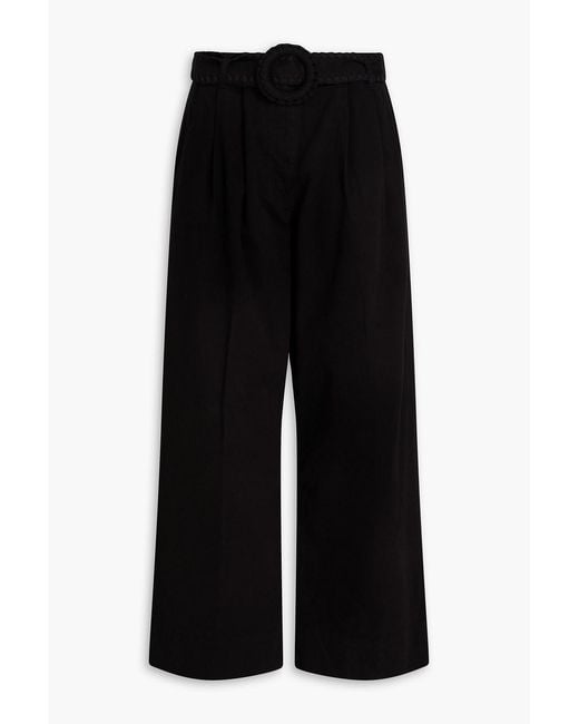 Farm Rio Black Belted Cotton-blend Gabardine Wide-leg Pants