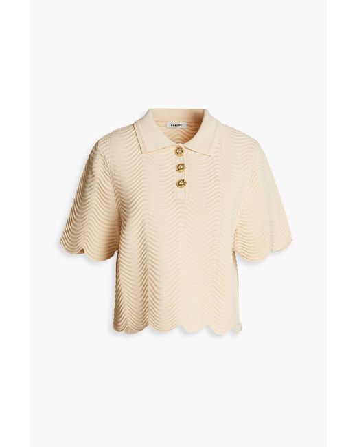 Sandro Natural Cropped Scalloped Ribbed-knit Polo Shirt