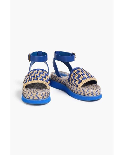 Farm Rio Blue Leather And Faux Raffia Platform Sandals