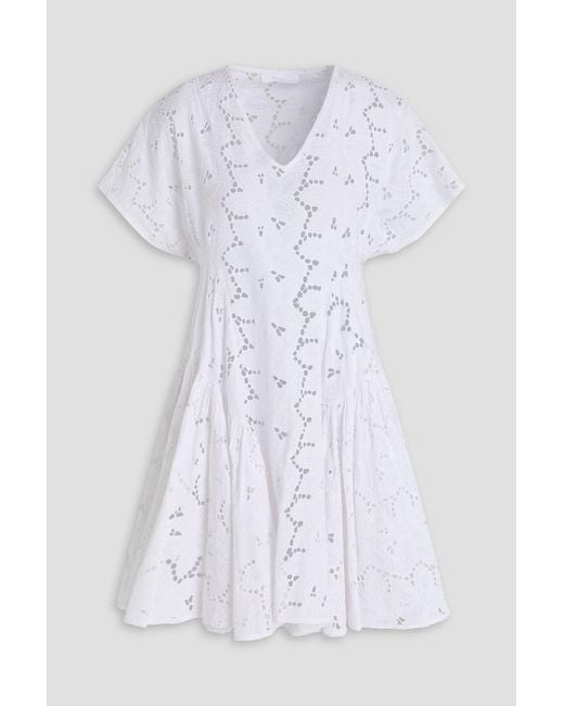 Merlette White Ballou Pleated Broderie Anglaise Cotton Mini Dress
