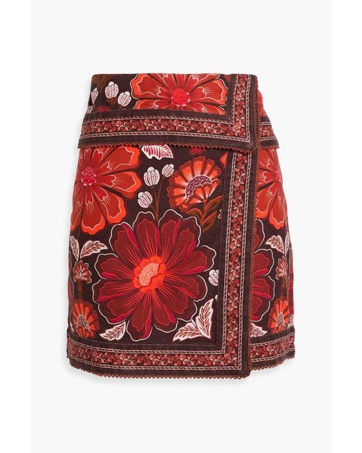 Farm Rio Red Wrap-Effect Floral-Print Cotton-Twill Mini Skirt