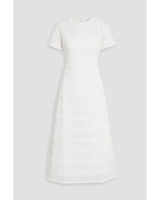 HVN White Natalie Ruffled Broderie Anglaise Cotton Midi Dress