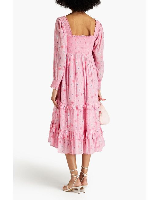 LoveShackFancy Pink Miri Smocked Floral-print Cotton-gauze Midi Dress
