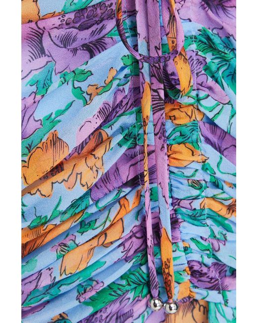 Veronica Beard Blue Sean Ruched Floral-print Silk-chiffon Mini Dress
