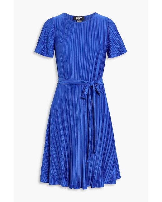 DKNY Kleid aus plissiertem satin mit gürtel in Blau | Lyst DE