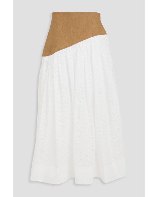 Tory Burch White Linen-paneled Broderie Anglaise Cotton Midi Skirt