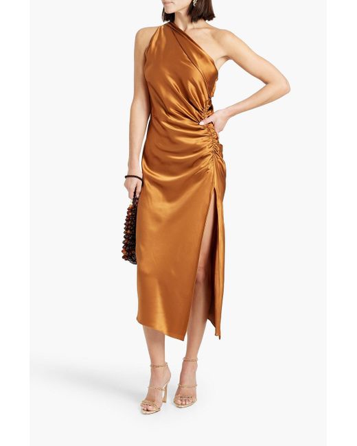 Michelle Mason Orange One-shoulder Ruched Silk-satin Midi Dress