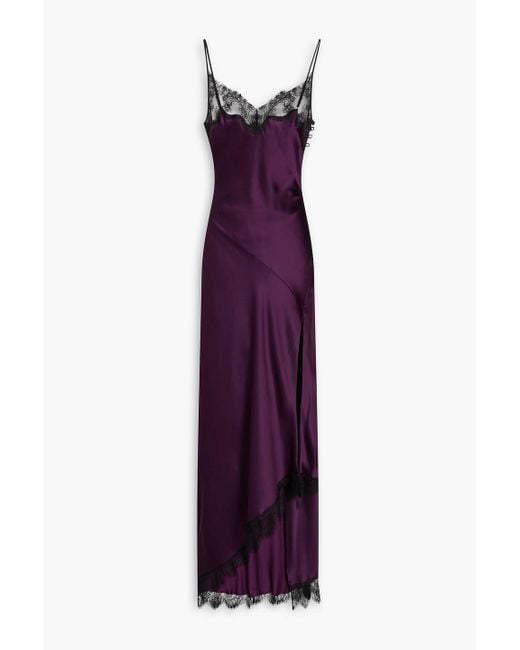 Nicholas Purple Sage Lace-trimmed Satin Maxi Slip Dress