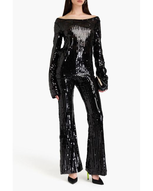 ROTATE BIRGER CHRISTENSEN Black Off-the-shoulder Sequined Stretch-mesh Top