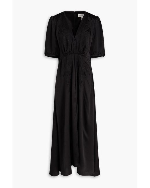 Saloni Black Lea Embroidered Hammered Silk-satin Midi Dress