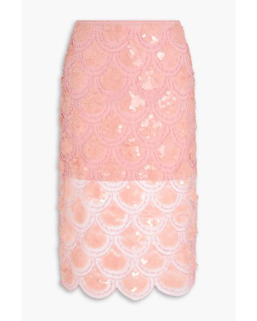 ROTATE BIRGER CHRISTENSEN Pink Embellished Tulle Midi Pencil Skirt