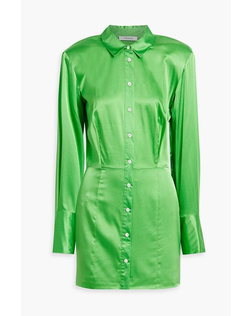 FRAME Green Silk-blend Satin Mini Shirt Dress