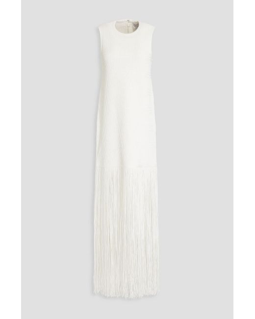 Hervé Léger White Fringed Ribbed-knit Gown