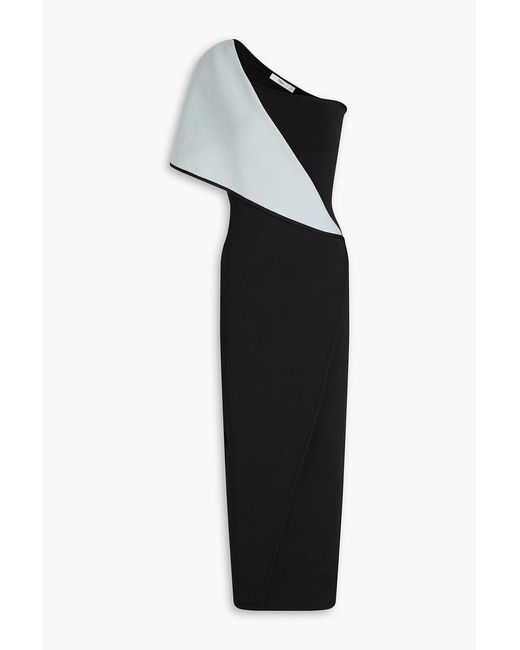 Safiyaa Black Kristine One-shoulder Two-tone Knitted Midi Dress