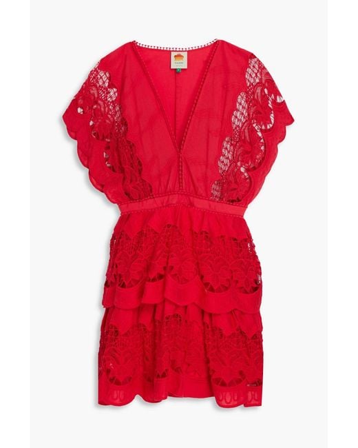 Farm Rio Tiered Guipure Lace-Paneled Cotton Mini Dress
