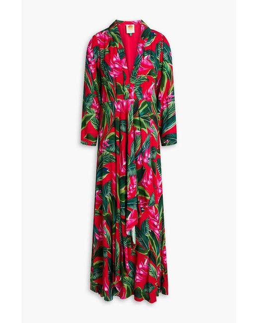 Farm Rio Red Wrap-effect Floral-print Crepe Maxi Dress